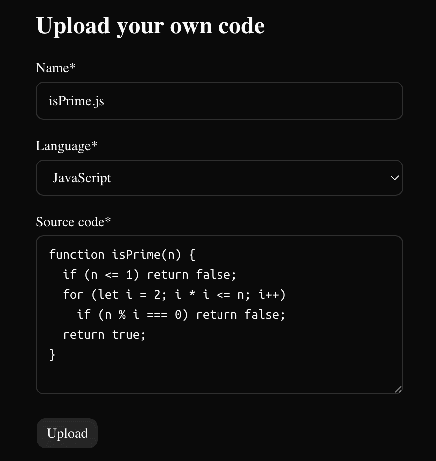 SpeedCoder Custom Code upload form